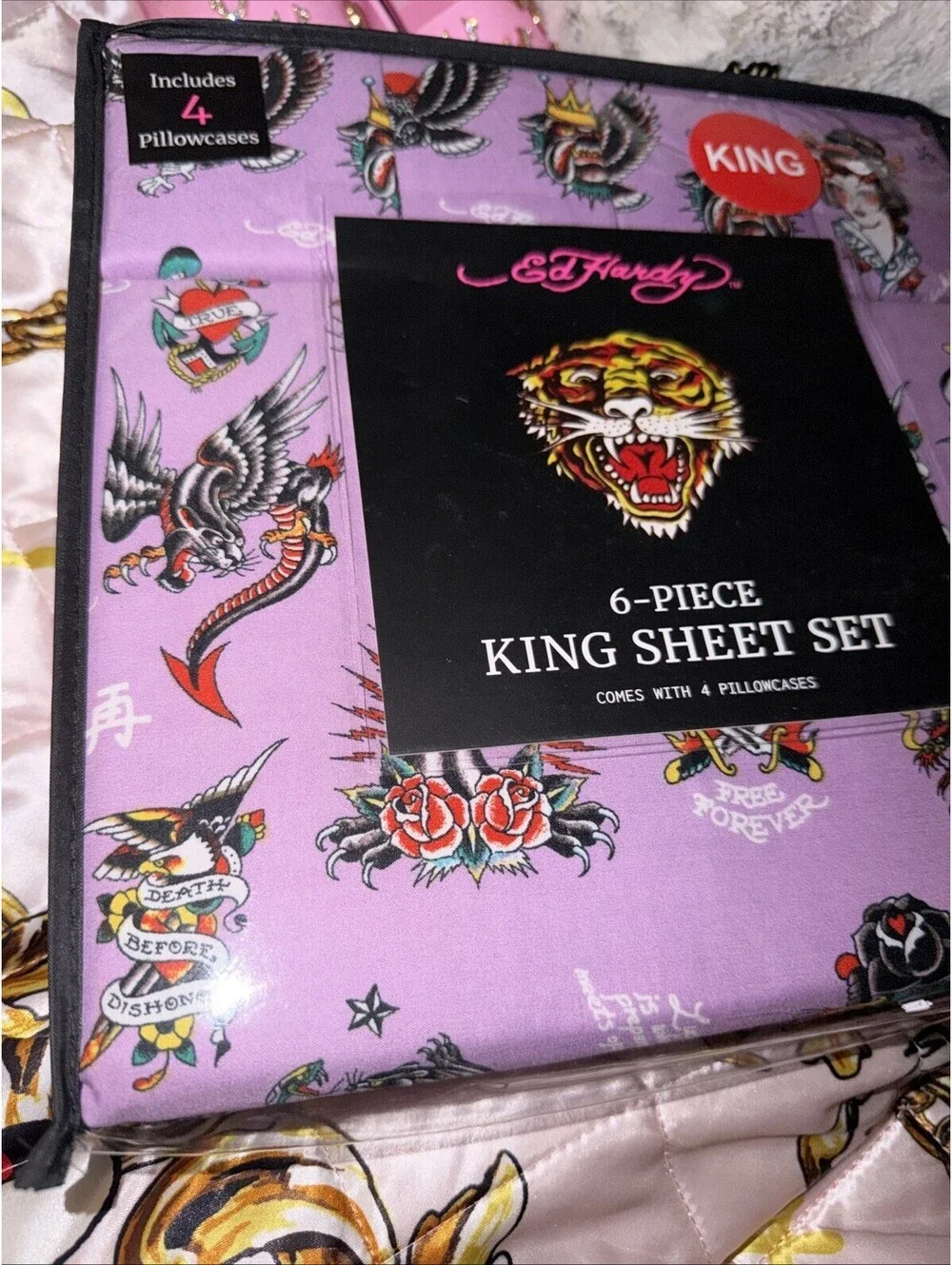 Ed Hardy King Sheet Set 6 Pc Purple Tattoo Collage Skull Bird Dragon Bedding New